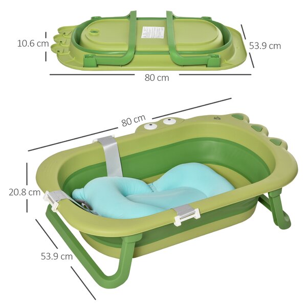 HOMCOM Vaschetta Bagnetto Pieghevole per Bambini 0-3 Anni con Cuscino Regolabile Azzurro e Piedini Antiscivolo, 80x53.9x20.8cm Verde|Aosom