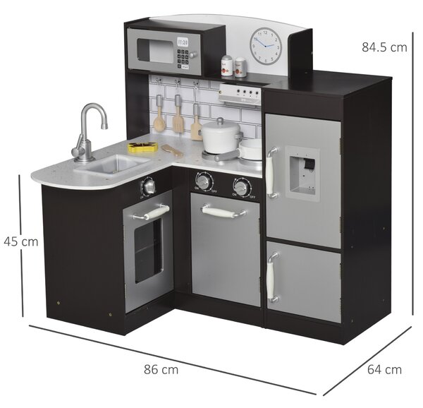 HOMCOM Cucina Giocattolo per Bambini in Legno con 14 Accessori, Forno, Lavandino, Frigo e Microonde, Età 3+ Anni, 86x64x84.5cm, Argento e Marrone