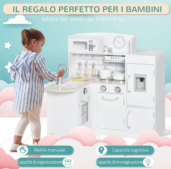 HOMCOM Cucina Giocattolo per Bambini in Legno con 14 Accessori, Forno, Lavandino, Frigo e Microonde, Età 3+ Anni, 86x64x84.5cm, Bianco e Argento|Aosom