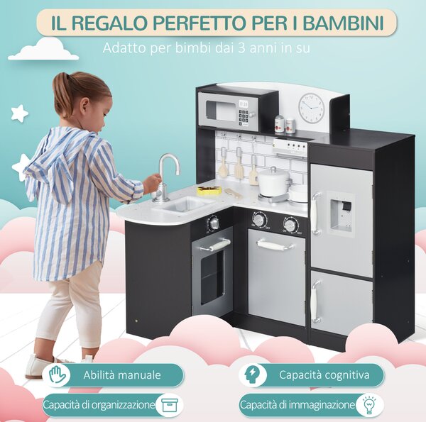 HOMCOM Cucina Giocattolo per Bambini in Legno con 14 Accessori, Forno, Lavandino, Frigo e Microonde, Età 3+ Anni, 86x64x84.5cm, Argento e Marrone