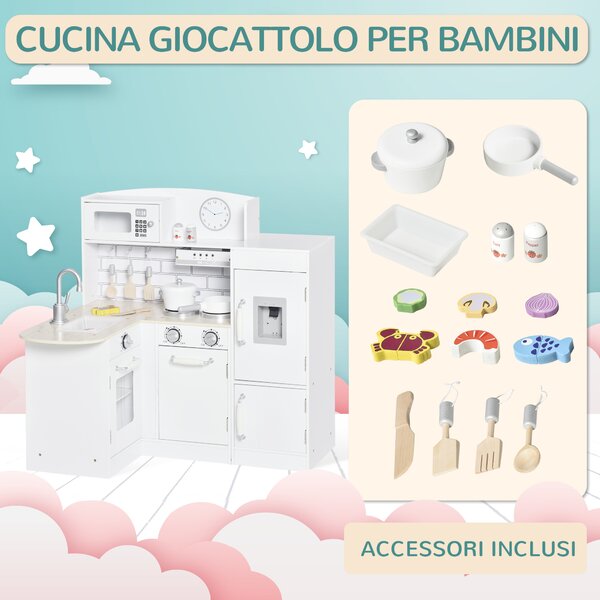 HOMCOM Cucina Giocattolo per Bambini in Legno con 14 Accessori, Forno, Lavandino, Frigo e Microonde, Età 3+ Anni, 86x64x84.5cm, Bianco e Argento|Aosom