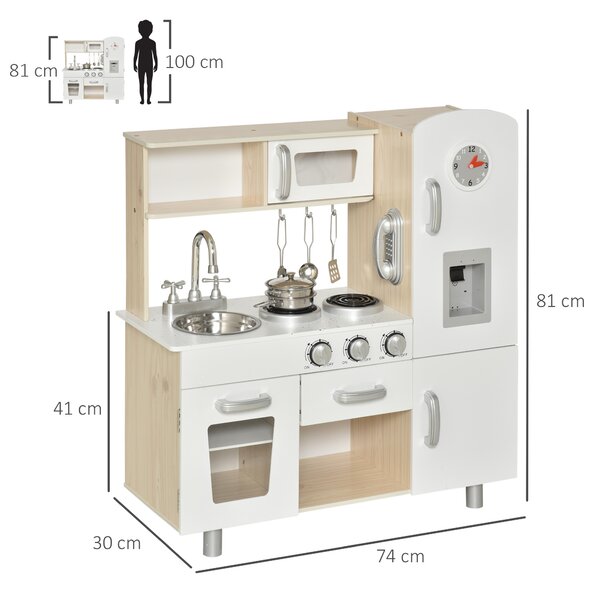 HOMCOM Cucina Giocattolo in Legno per Bambini con Lavandino e Fornelli, Pentole e Utensili in Acciaio, 74x30x81cm, Bianco|Aosom