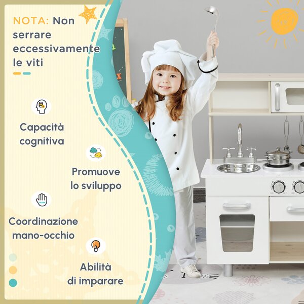 HOMCOM Cucina Giocattolo in Legno per Bambini con Lavandino e Fornelli, Pentole e Utensili in Acciaio, 74x30x81cm, Bianco|Aosom