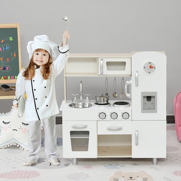 HOMCOM Cucina Giocattolo in Legno per Bambini con Lavandino e Fornelli, Pentole e Utensili in Acciaio, 74x30x81cm, Bianco|Aosom