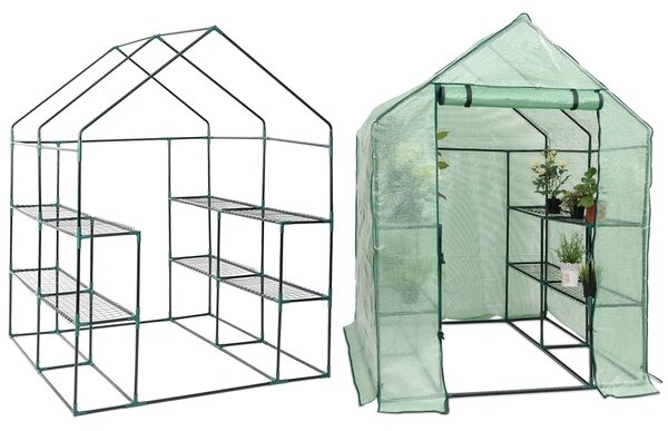 Costway Serra da giardino a 3 livelli in PE con scaffali e tetto spiovente, Serra da esterno 143x143x195cm