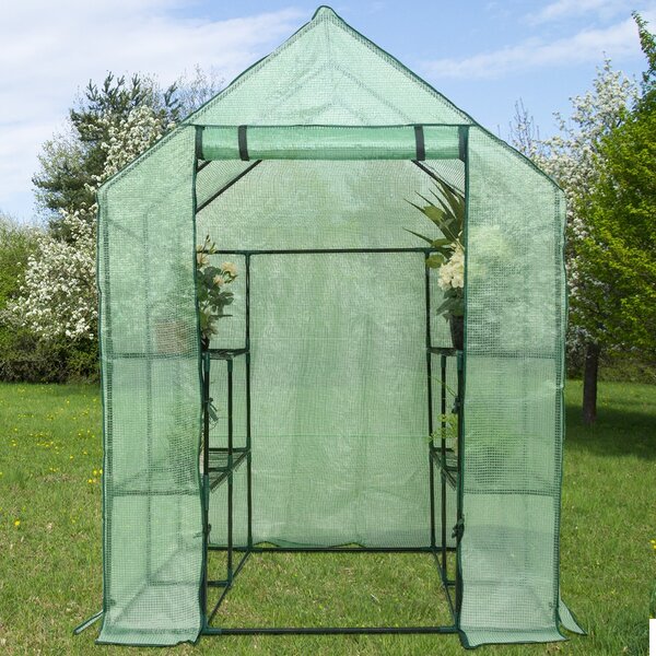 Costway Serra da giardino a 3 livelli in PE con scaffali e tetto spiovente, Serra da esterno 143x143x195cm
