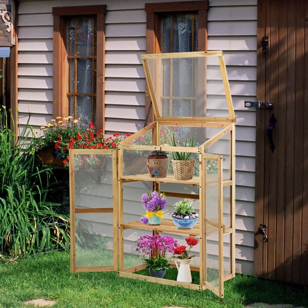 Costway Mini serra di legno con 3 livelli per vasi da esterno, Mensole a stecche per piante da giardino e balcone 60x45x100cm