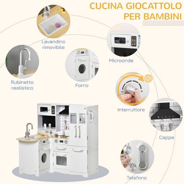 HOMCOM Cucina Giocattolo in Legno per Bambini 3-6 Anni con 14 Accessori, Forno e Lavandino, 82x65x87 cm, Bianco|Aosom