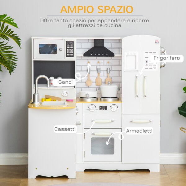 HOMCOM Cucina Giocattolo in Legno per Bambini 3-6 Anni con 14 Accessori, Forno e Lavandino, 82x65x87 cm, Bianco|Aosom