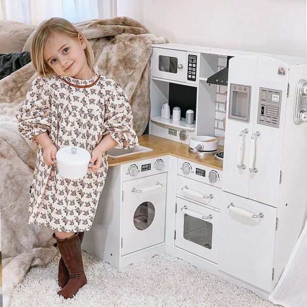 HOMCOM Cucina Giocattolo in Legno per Bambini 3-6 Anni con 14 Accessori, Forno e Lavandino, 82x65x87 cm, Bianco|Aosom
