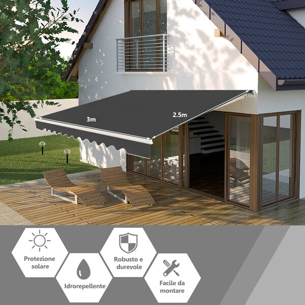 Costway Tenda da sole retrattile 3 x 2,5m, Tenda in alluminio con manovella e poliestere impermeabile, Grigio