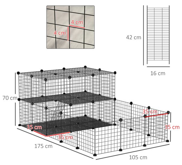 PawHut Recinto Modulabile per Conigli e Roditori, Box Metallo con Accessori, 175x105x70cm - Nero|Aosom