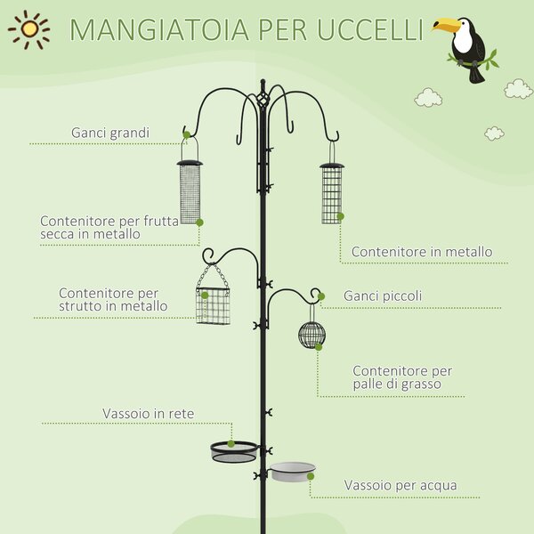 PawHut Mangiatoia per Uccelli con 6 Ganci e 4 Contenitori per Mangime, Stazione di Ristoro in Acciaio, Nero|Aosom