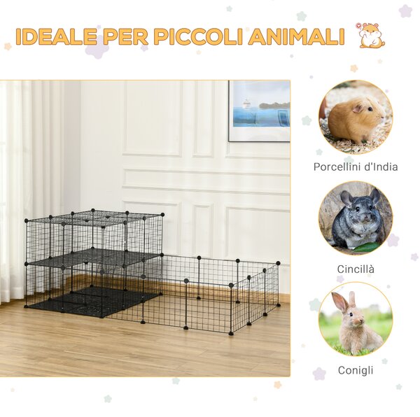 PawHut Recinto Modulabile per Conigli e Roditori, Box Metallo con Accessori, 175x105x70cm - Nero|Aosom