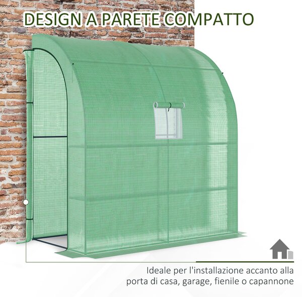 Outsunny Serra Addossata a 3 Livelli con Porte e Finestre Avvolgibili, in PE e Acciaio, 200x100x215 cm, Verde | Aosom Italy
