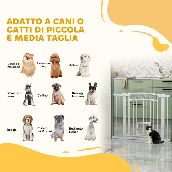 PawHut Cancellino per Cani Regolabile con Estensioni, Porta per Gatti e Apertura a Una Mano, 76-104x77cm, Bianco