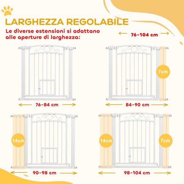PawHut Cancellino per Cani Regolabile con Estensioni, Porta per Gatti e Apertura a Una Mano, 76-104x77cm, Bianco