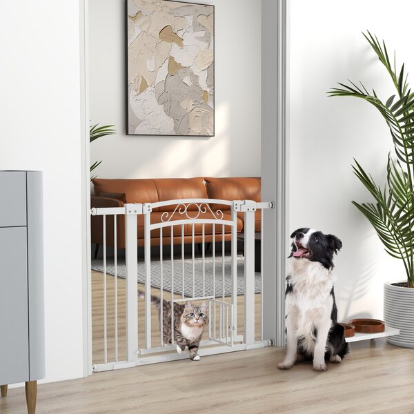PawHut Cancellino per Cani Regolabile con Estensioni, Porta per Gatti e Apertura a Una Mano, 76-104x77cm, Bianco