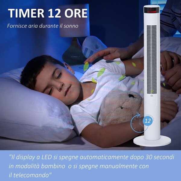 HOMCOM Ventilatore a Colonna 45W Alto 117cm con 3 Velocità, 4 Modalità, Timer 12h, Oscillazione 70°, Pannello LED e Telecomando, Bianco | Aosom