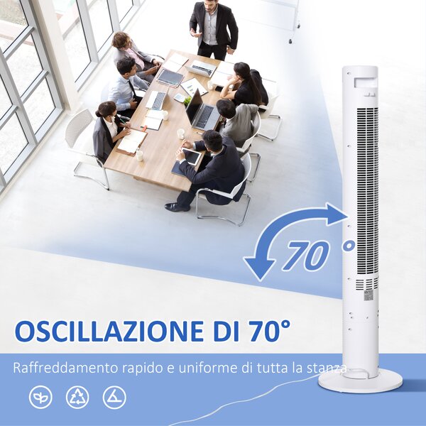 HOMCOM Ventilatore a Colonna 45W Alto 117cm con 3 Velocità, 4 Modalità, Timer 12h, Oscillazione 70°, Pannello LED e Telecomando, Bianco | Aosom
