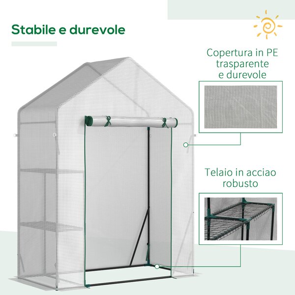 Outsunny Serra da Giardino per Esterni con 2 Scaffali, Porta Avvolgibile, 143x73x195cm, Bianco|Aosom