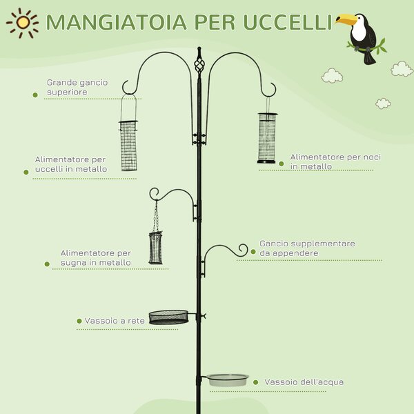 PawHut Mangiatoia per Uccelli a 4 Ganci con Vassoi e 3 Alimentatori, Stazione di Ristoro in Acciaio, Nero|Aosom