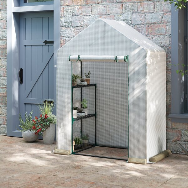 Outsunny Serra da Giardino per Esterni con 2 Scaffali, Porta Avvolgibile, 143x73x195cm, Bianco|Aosom