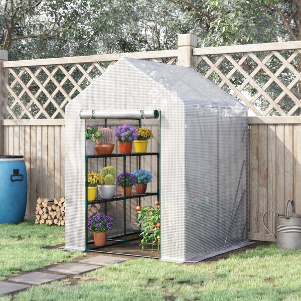 Outsunny Serra da Giardino con 2 Scaffali e Porta Avvolgibile per Esterni, 143x143x195cm, Bianco | Aosom Italy