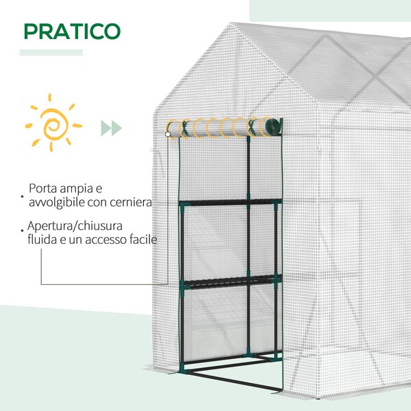 Outsunny Serra da Giardino con 2 Scaffali e Porta Avvolgibile per Esterni, 143x143x195cm, Bianco | Aosom Italy