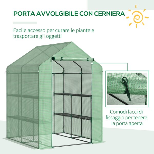 Outsunny Serra da Giardino con Scaffali, Copertura in PE e Porta Avvolgibile, Struttura in acciaio, Copertura in PE 143x138x190cm, Verde|Aosom Italy