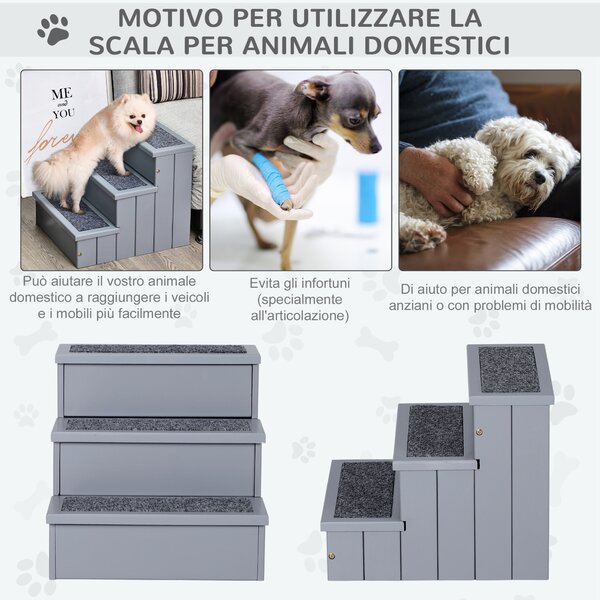 PawHut Scale 3 Gradini con Tappetino Antiscivolo e Spazio Interno Per animali domestici anziani, 40.5x44.5x38cm, Grigio | Aosom Italy