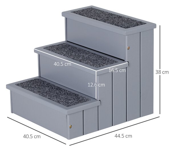 PawHut Scale 3 Gradini con Tappetino Antiscivolo e Spazio Interno Per animali domestici anziani, 40.5x44.5x38cm, Grigio | Aosom Italy
