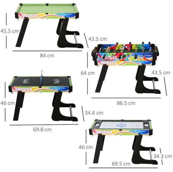 HOMCOM Tavolo Multigioco Pieghevole 4 in 1 con Calcio Balilla, Hockey da Tavolo, Ping Pong e Biliardo, 86,5x43,5x64cm