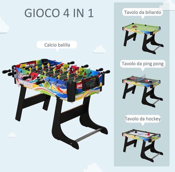 HOMCOM Tavolo Multigioco Pieghevole 4 in 1 con Calcio Balilla, Hockey da Tavolo, Ping Pong e Biliardo, 86,5x43,5x64cm