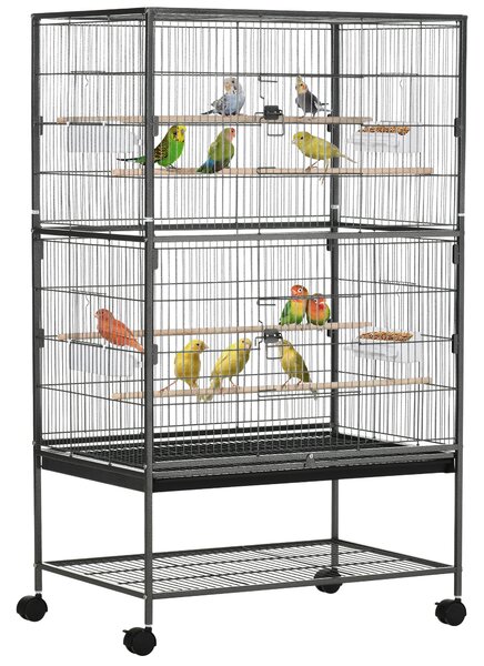 PawHut Gabbia per Uccelli da Interni in Acciaio e Legno con Vassoio Estraibile, 4 Ruote, Trespolo e Contenitore， 78x52x132cm, Grigio Scuro|Aosom