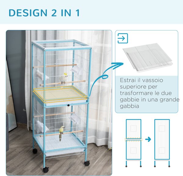 PawHut Gabbia per Uccelli 2 in 1 Voliera per Interni con 4 Ruote Girevoli, Vassoi Estraibili e Contenitori in Plastica, 51.5x50x140cm, Azzurra|Aosom