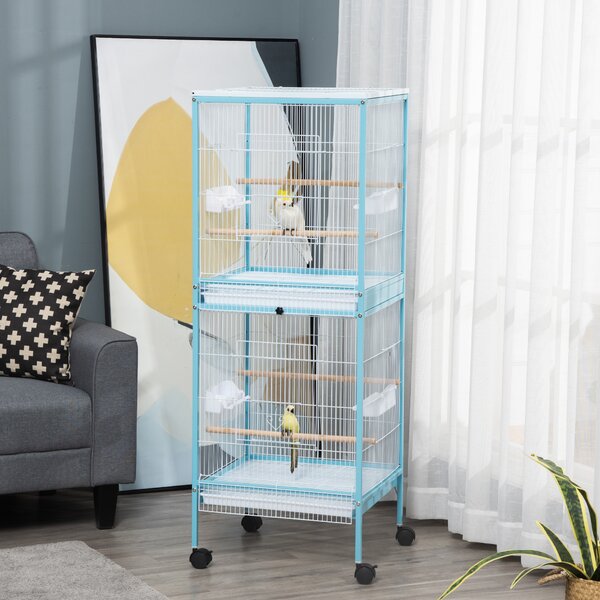 PawHut Gabbia per Uccelli 2 in 1 Voliera per Interni con 4 Ruote Girevoli, Vassoi Estraibili e Contenitori in Plastica, 51.5x50x140cm, Azzurra|Aosom