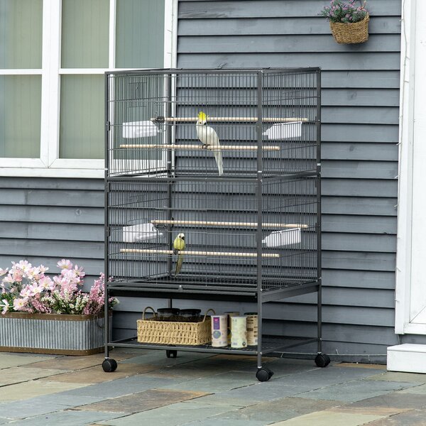 PawHut Gabbia per Uccelli da Interni in Acciaio e Legno con Vassoio Estraibile, 4 Ruote, Trespolo e Contenitore， 78x52x132cm, Grigio Scuro|Aosom