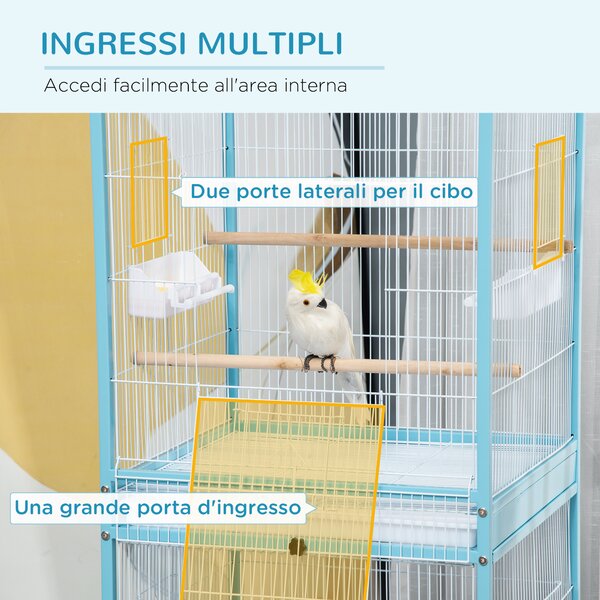 PawHut Gabbia per Uccelli 2 in 1 Voliera per Interni con 4 Ruote Girevoli, Vassoi Estraibili e Contenitori in Plastica, 51.5x50x140cm, Azzurra|Aosom