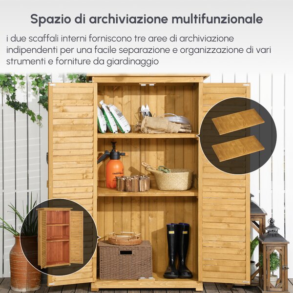Outsunny Casetta in Legno da Giardino con Tetto Impermeabile, Armadio da Esterno Porta Attrezzi da Giardino con 3 Mensole, 87x46.5x160cm