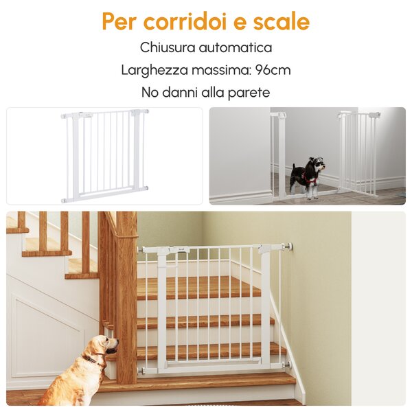 PawHut Cancelletto per Cani con Meccanismo Intelligente, Fissaggio a Pressione, Installazione senza Fori, Larghezza Regolabile 75-96cm | Aosom Italy