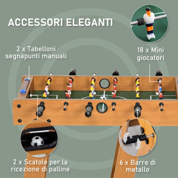 HOMCOM Calcio Balilla Compatto in Legno, Biliardino Salvaspazio con 6 Aste, 18 Giocatori e Segnapunti, 69x37x70cm|Aosom