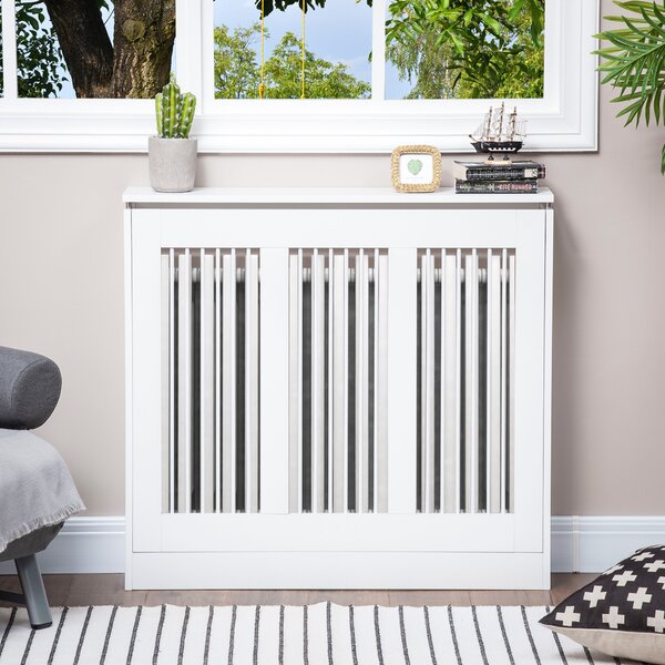 HOMCOM Copritermosifone a Doghe Moderno ed Elegante per la Casa, in MDF e Acciaio, 90x18x84cm, Bianco|Aosom