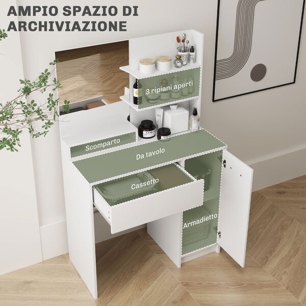 HOMCOM Toeletta Trucco con Specchio e Sgabello, Cassetto, Armadietto e Ripiani in Legno, Bianco