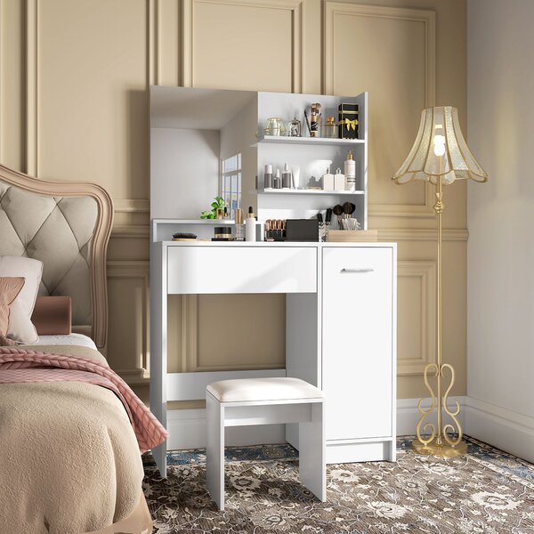 HOMCOM Toeletta Trucco con Specchio e Sgabello, Cassetto, Armadietto e Ripiani in Legno, Bianco