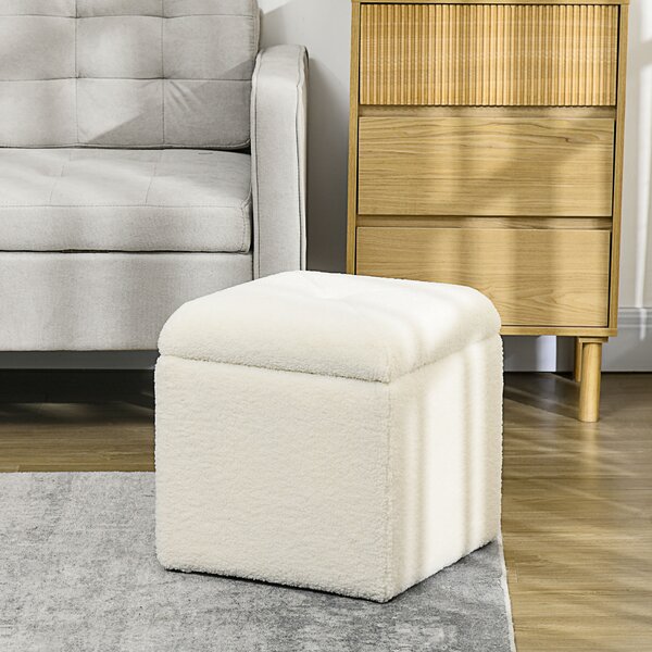 HOMCOM Pouf Contenitore Imbottito in Tessuto Teddy Morbido per Salotto e Camera, 39x39x39cm, Crema