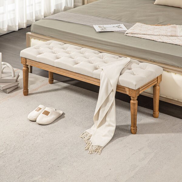 HOMCOM Panca Imbottita Fondoletto con Seduta Trapuntata a Bottoni in Tessuto e Legno, 120x41x48 cm, Crema | Aosom Italy