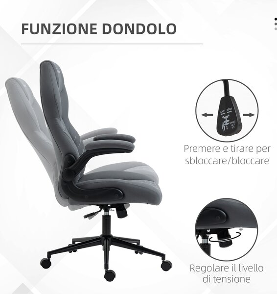 Vinsetto Sedia da Ufficio Ergonomica Girevole con Rotelle, Altezza Regolabile, Inclinabile, Braccioli Ribaltabili, in Microfibra, Grigio | Aosom