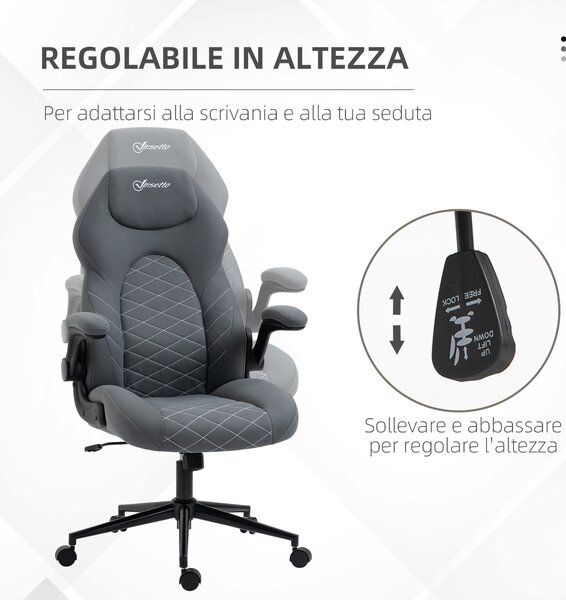 Vinsetto Sedia da Ufficio Ergonomica Girevole con Rotelle, Altezza Regolabile, Inclinabile, Braccioli Ribaltabili, in Microfibra, Grigio | Aosom