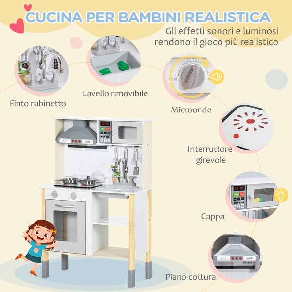 AIYAPLAY Cucina Giocattolo per Bambini con Altezza Regolabile, Suoni, Luci e Utensili, in MDF e PP, 60x30.5x93.2 cm|Aosom